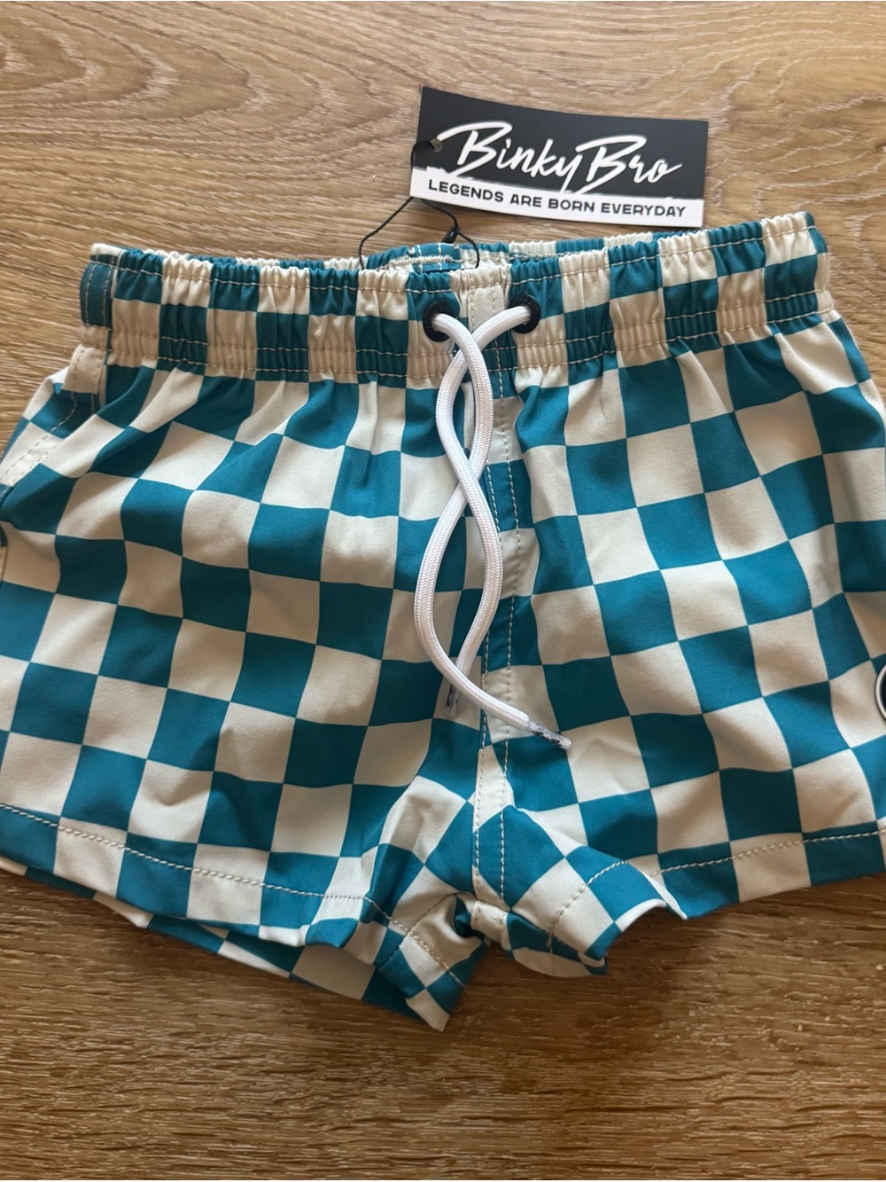 BinkyBro Teal & Cream Checkerboard boys Swim trunks 2-3yrs